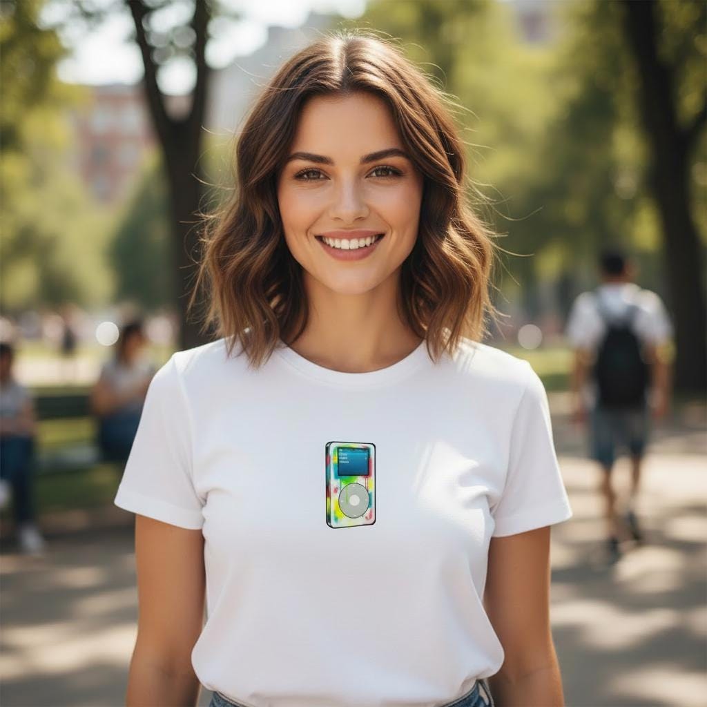 Woman wearing a white t-shirt with a iPOD graffiti graphic design in a park