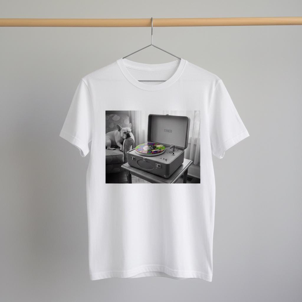 White t-shirt with a graphic of a vintage record player and French Bulldog on a clothes hanger against a gray background
