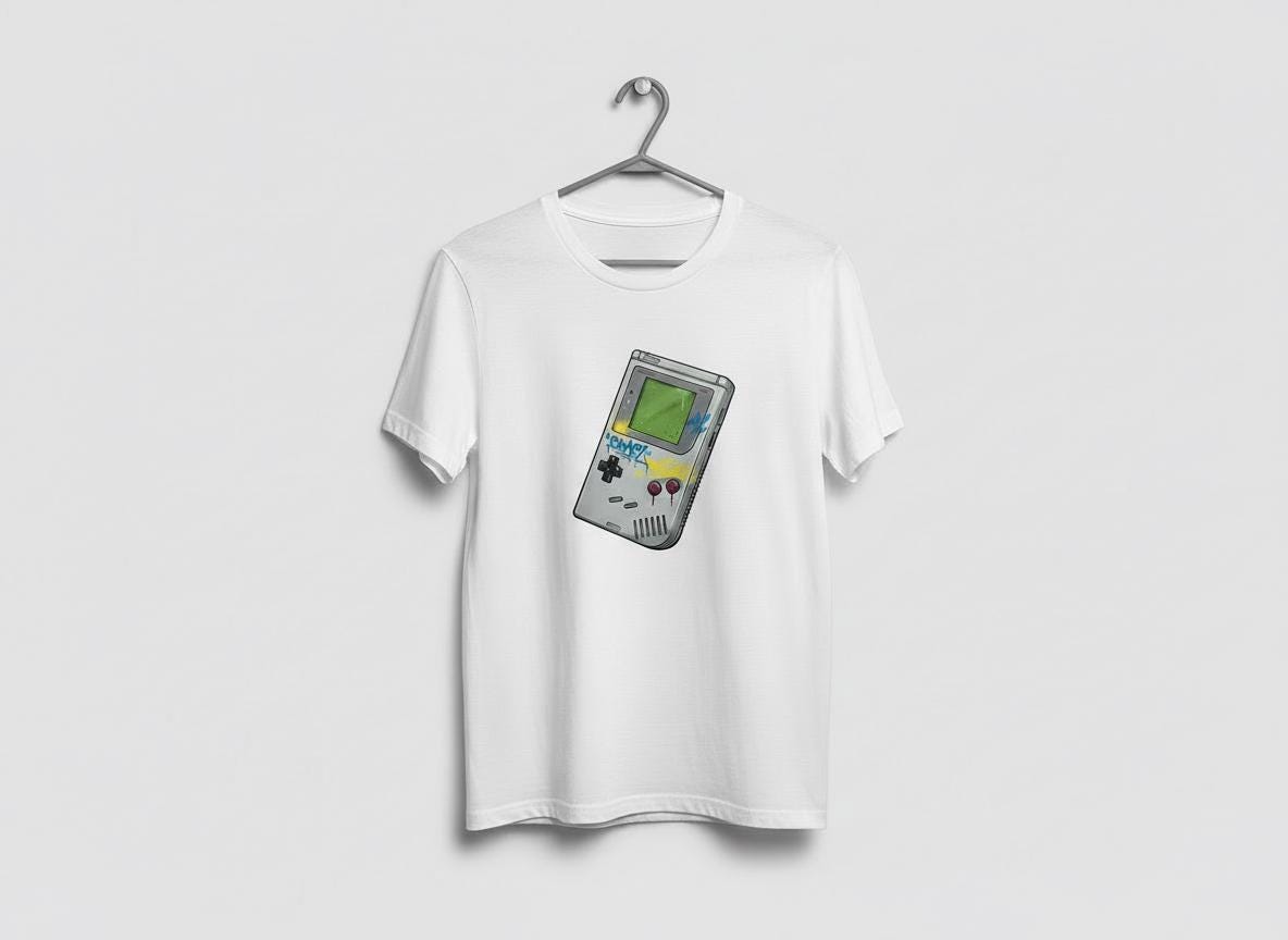 White t-shirt with a retro game console design on a hanger against a light gray background