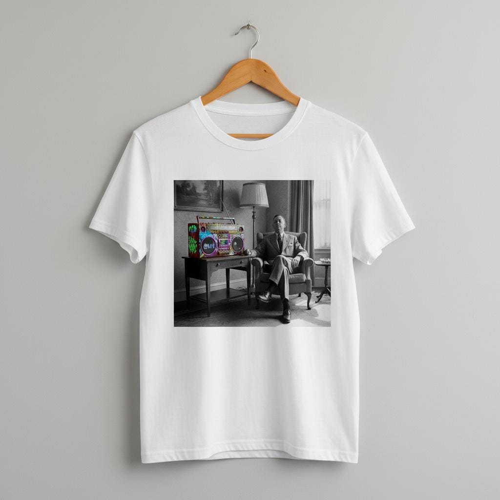 White t-shirt with a printed design of a person in a room listening to a graffiti covered ghetto blaster on a hanger against a gray background