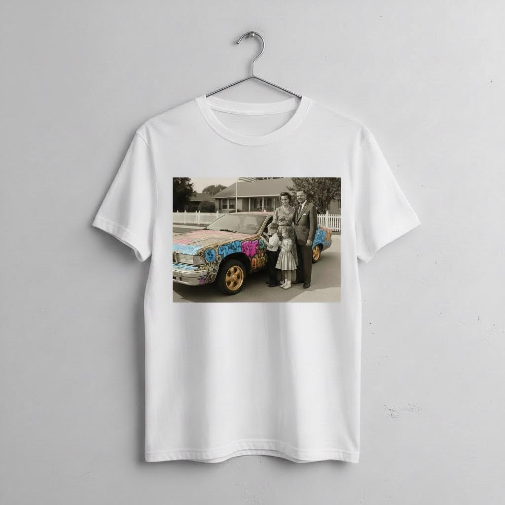 White t-shirt with a printed image of a family and a colorful car on a gray background