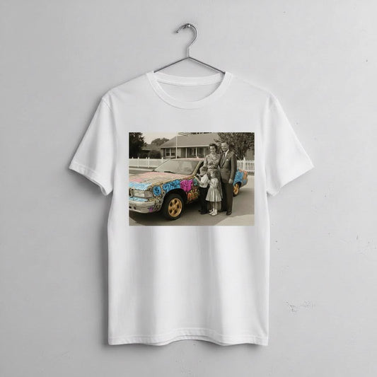 White t-shirt with a printed image of a family and a colorful car on a gray background