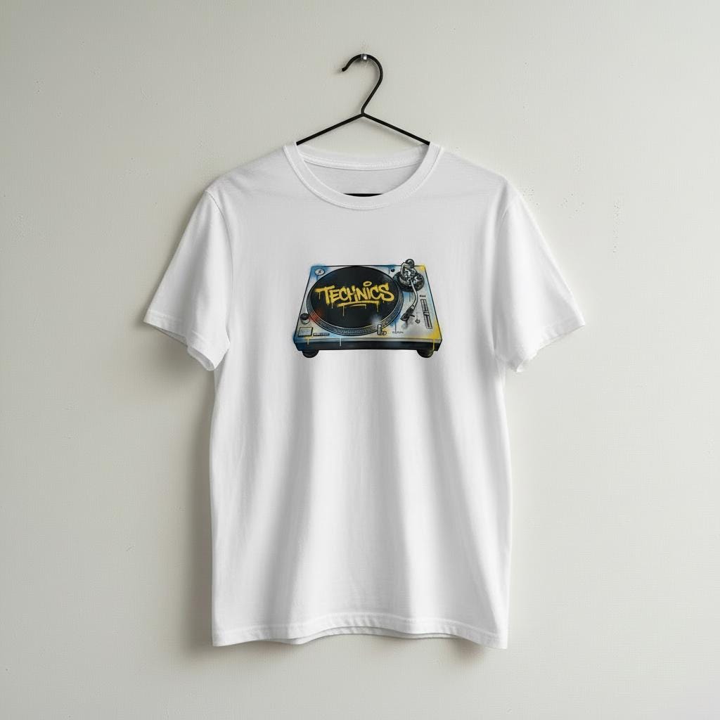 White t-shirt with a graphic of a turntable and 'Technics' logo on a hanger against a white background