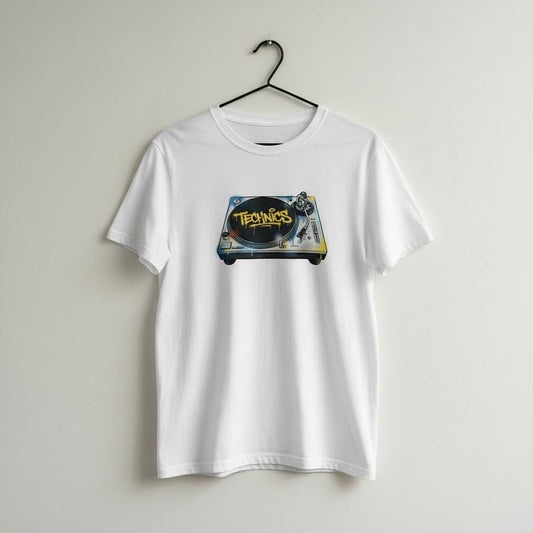 White t-shirt with a graphic of a turntable and 'Technics' logo on a hanger against a white background