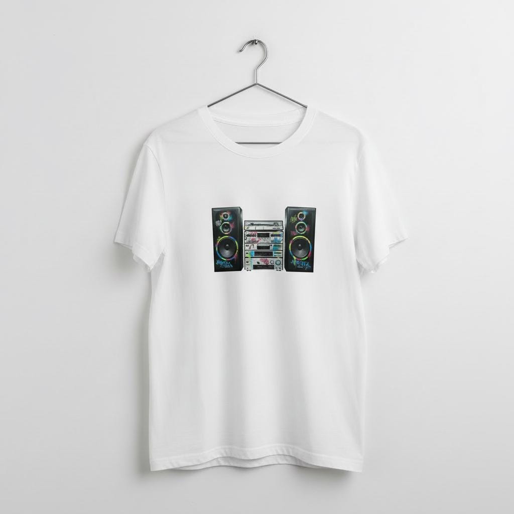 White t-shirt with a graphic of a Hi-Fi system on a hanger against a light gray background
