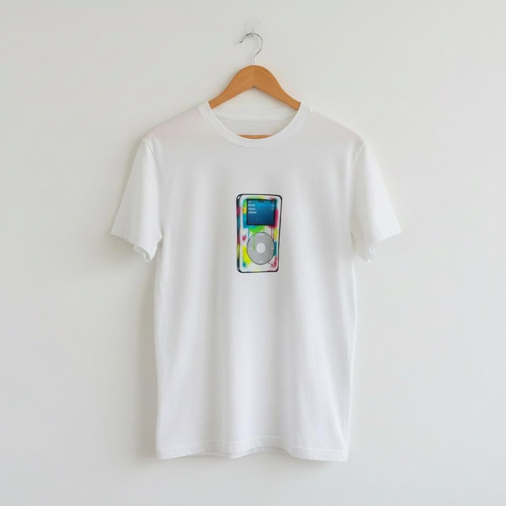 White t-shirt with a colorful iPod graphic on a hanger against a white background