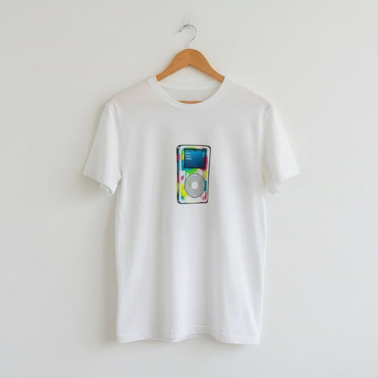 White t-shirt with a colorful iPod graphic on a hanger against a white background