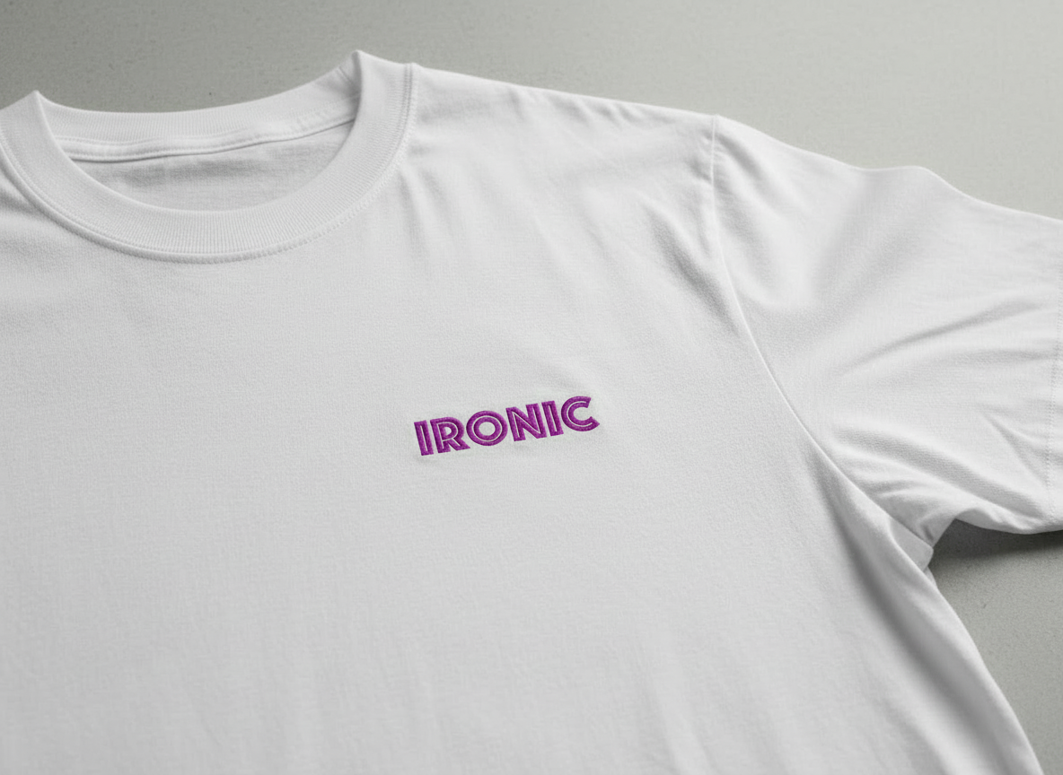 White t-shirt with 'IRONIC' logo on a gray background