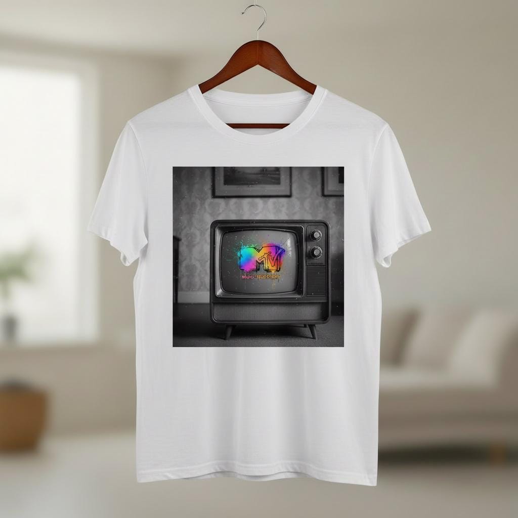 White t-shirt with a graphic of an old television set and the MTV logo on a hanger in a room.
