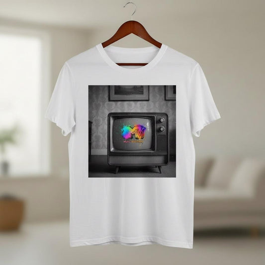 White t-shirt with a graphic of an old television set and the MTV logo on a hanger in a room.