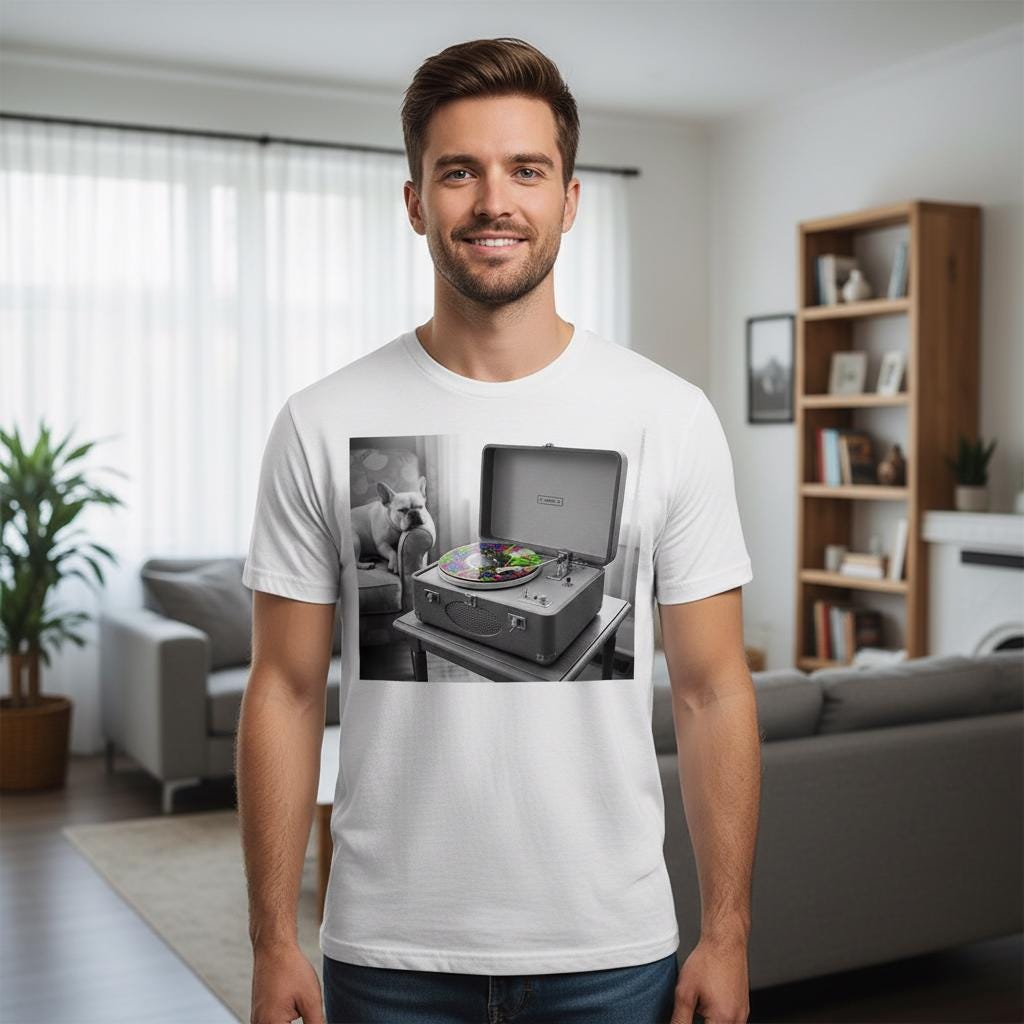 Man wearing a white t-shirt with a graphic design of a record player and French bulldog in a living room.