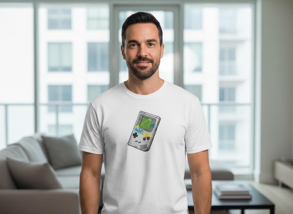 Man wearing a white t-shirt with a Gameboy graphic design in a modern living room.