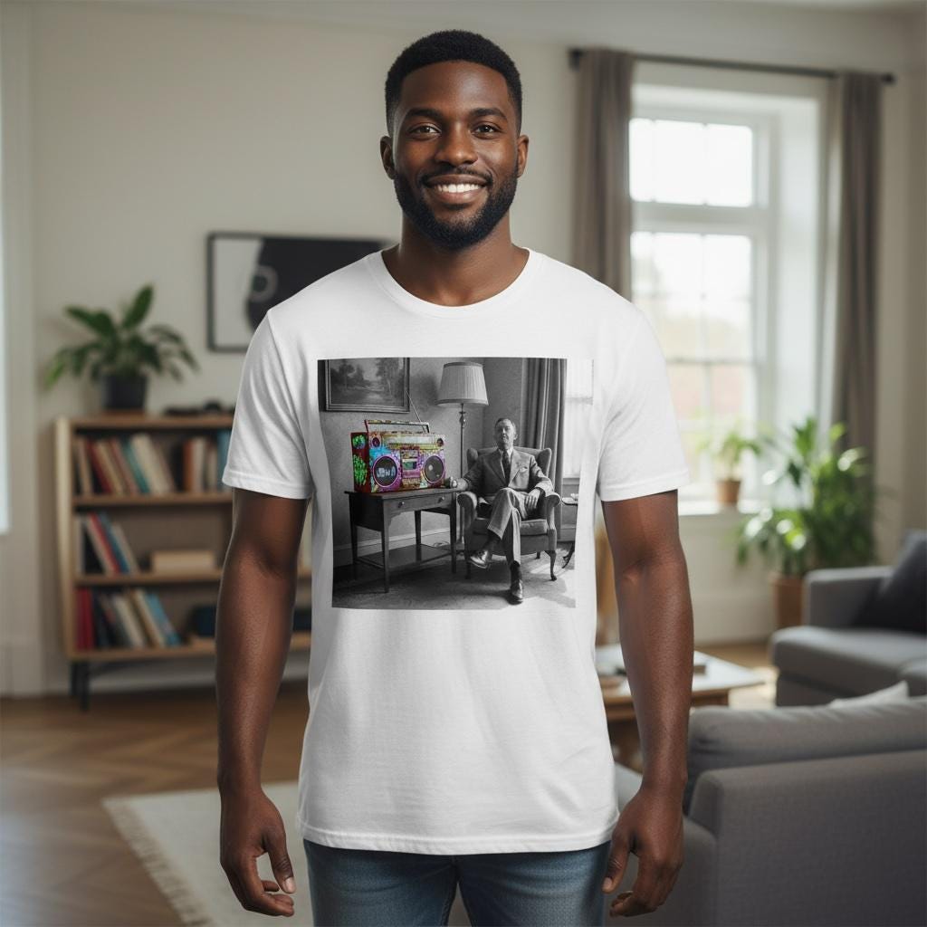 Man wearing a white t-shirt with a black and white photo print of a man lisetning to a graffiti covered ghetto blaster, standing in a living room.