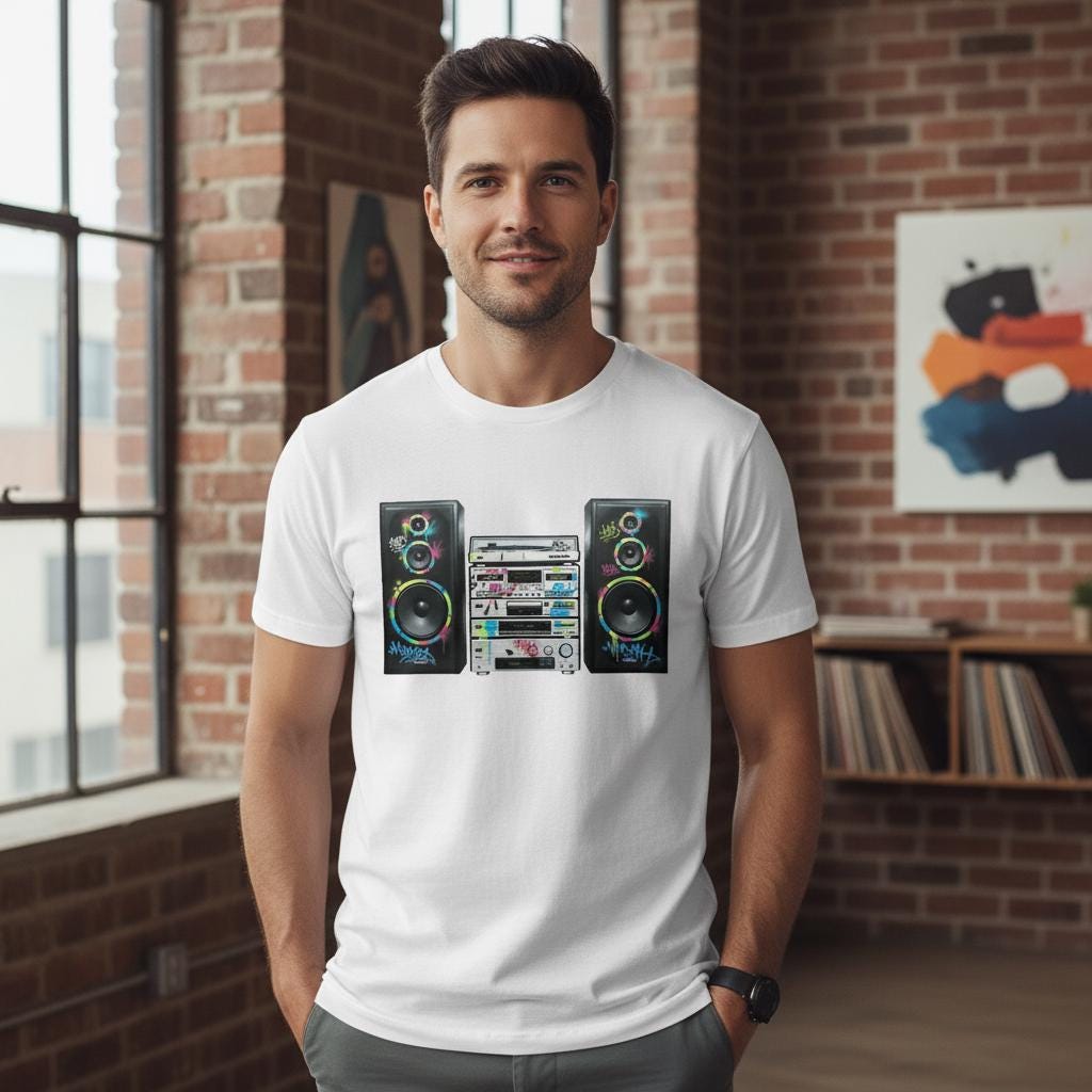 Man wearing a white t-shirt with a graphic design of a Hi-Fi and speakers in an indoor setting.