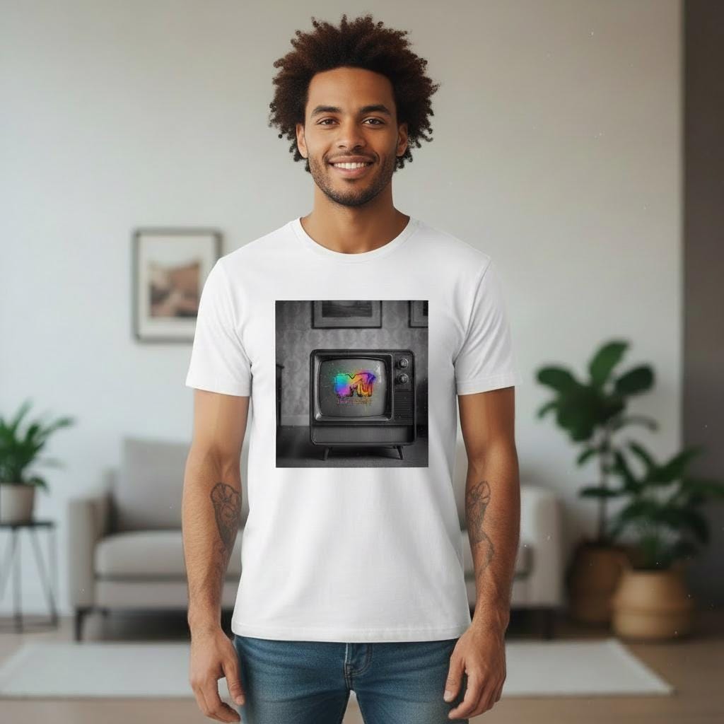 Man wearing a white t-shirt with a graphic design of a vintage television set and the MTV logo in a living room.