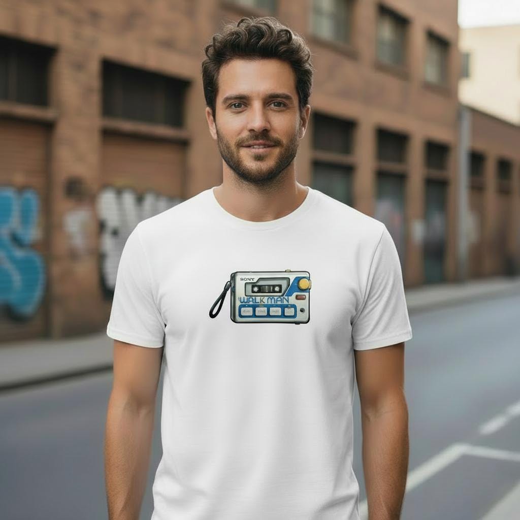 Man wearing a white t-shirt with a graphic design of a Walkman on a street background