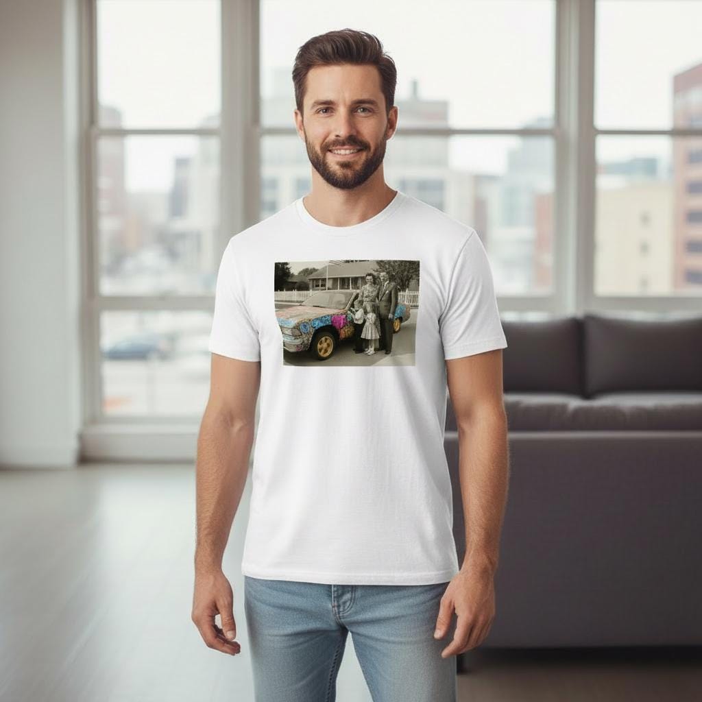 Man wearing a white t-shirt with a graphic of a black and white photo of a family admiring a graffiti covered car design in a room with large windows.
