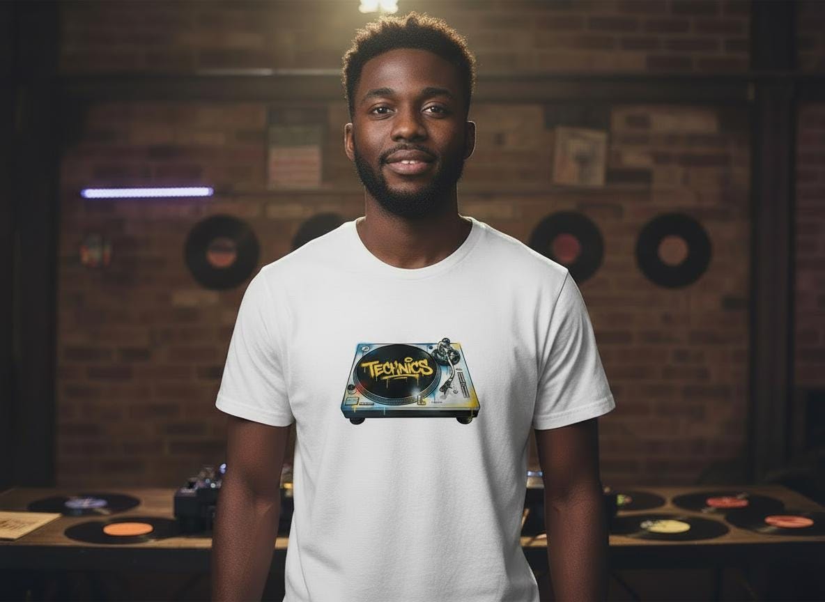 Man wearing a white t-shirt with a graphic design in a room with vinyl records on the wall.