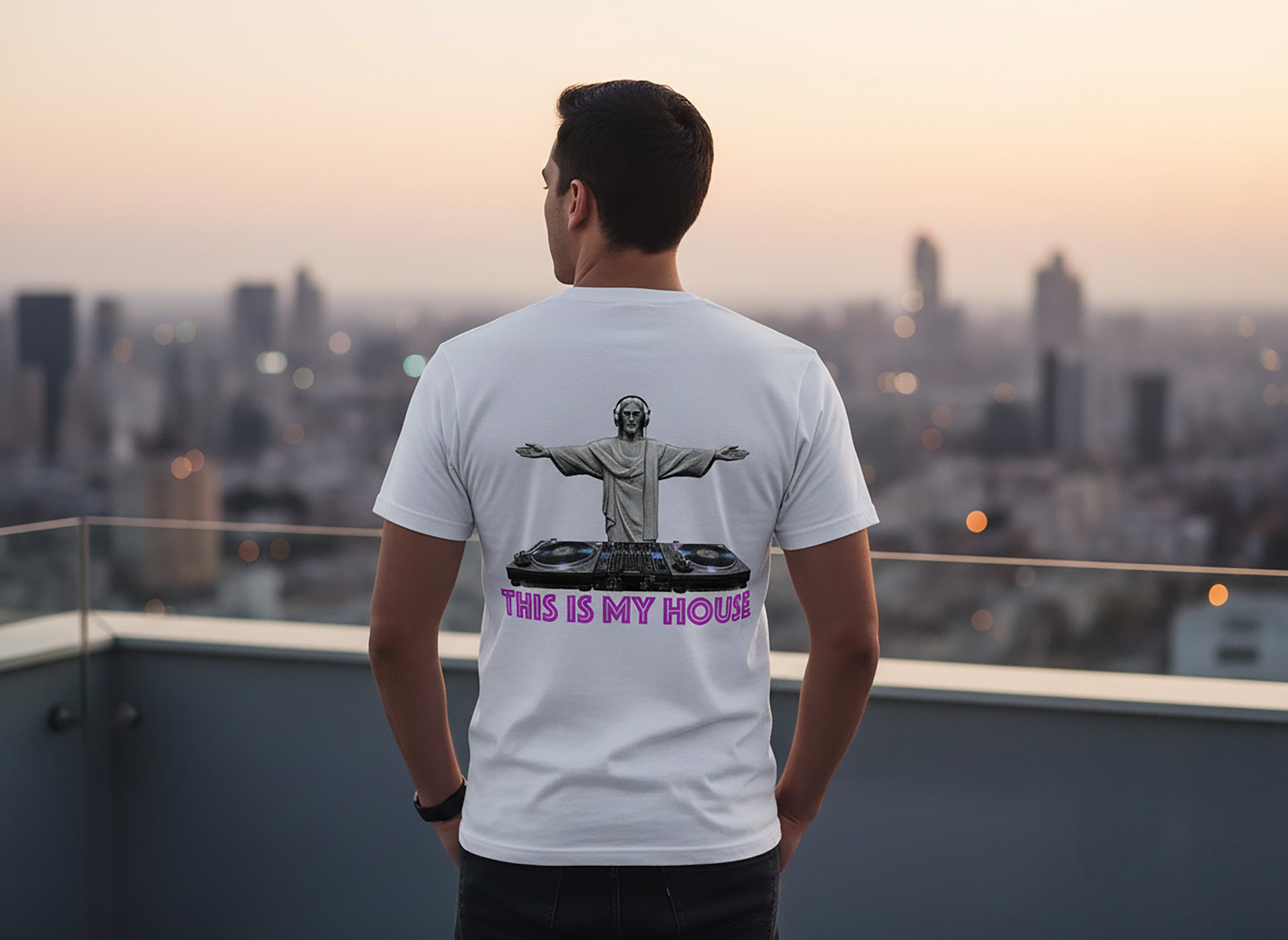 Person wearing a t-shirt with a graphic of a religious statue playing DJ decks and text reading This is my house, standing on a rooftop with a cityscape view.