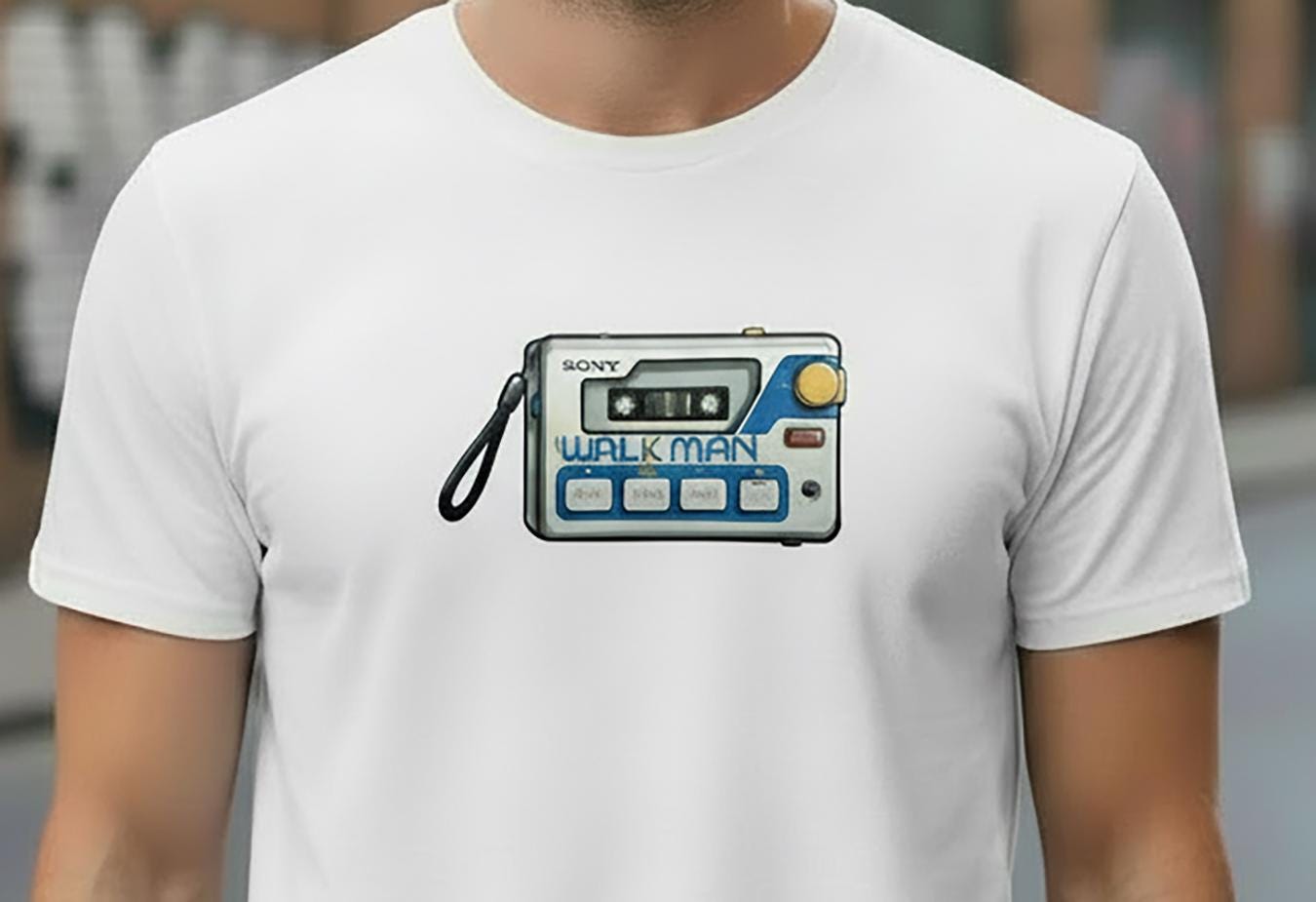 White t-shirt with a Sony Walkman graphic on a blurred background