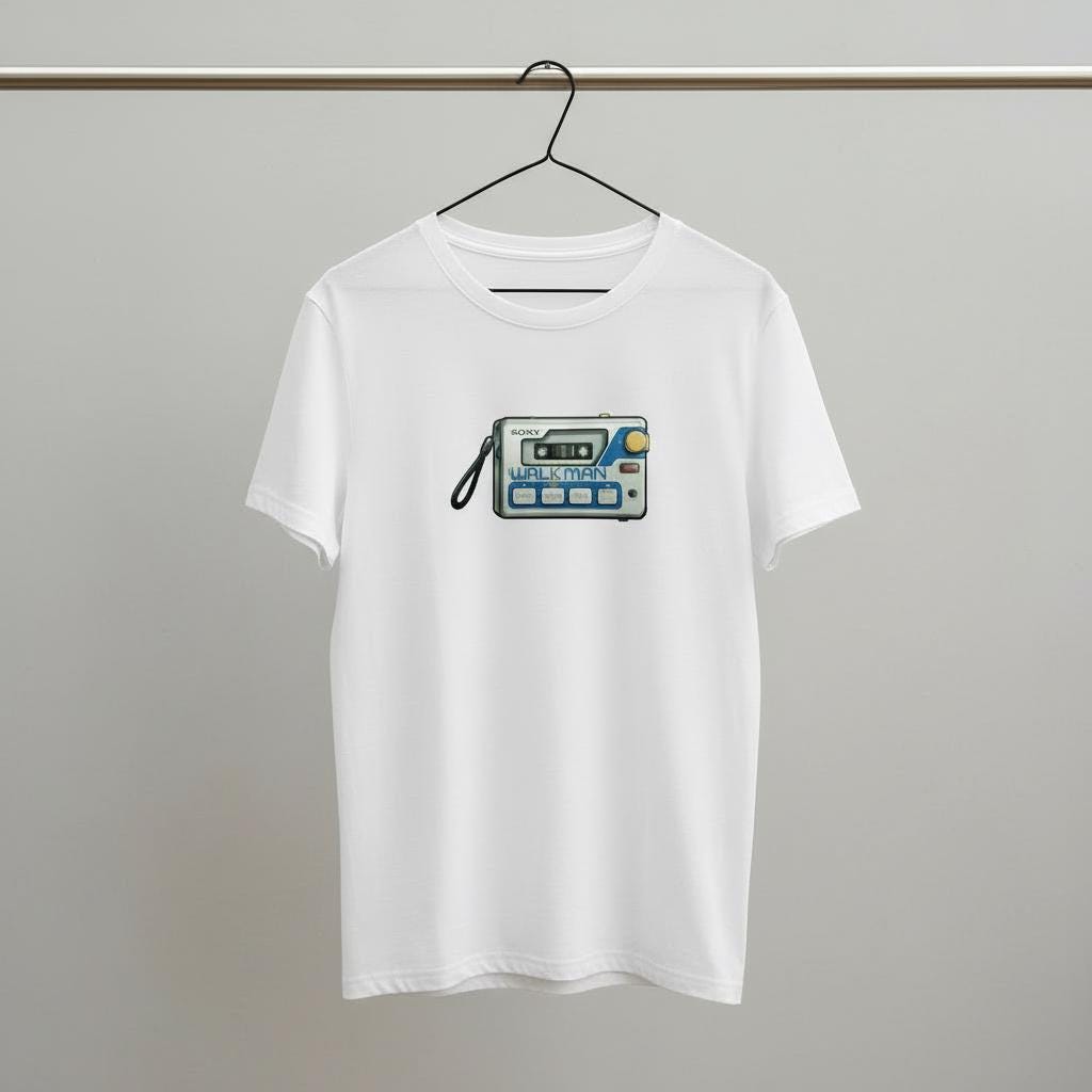 White t-shirt with a graphic design of a Walkman on a hanger against a plain background