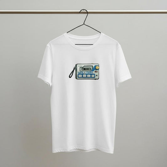 White t-shirt with a graphic design of a Walkman on a hanger against a plain background